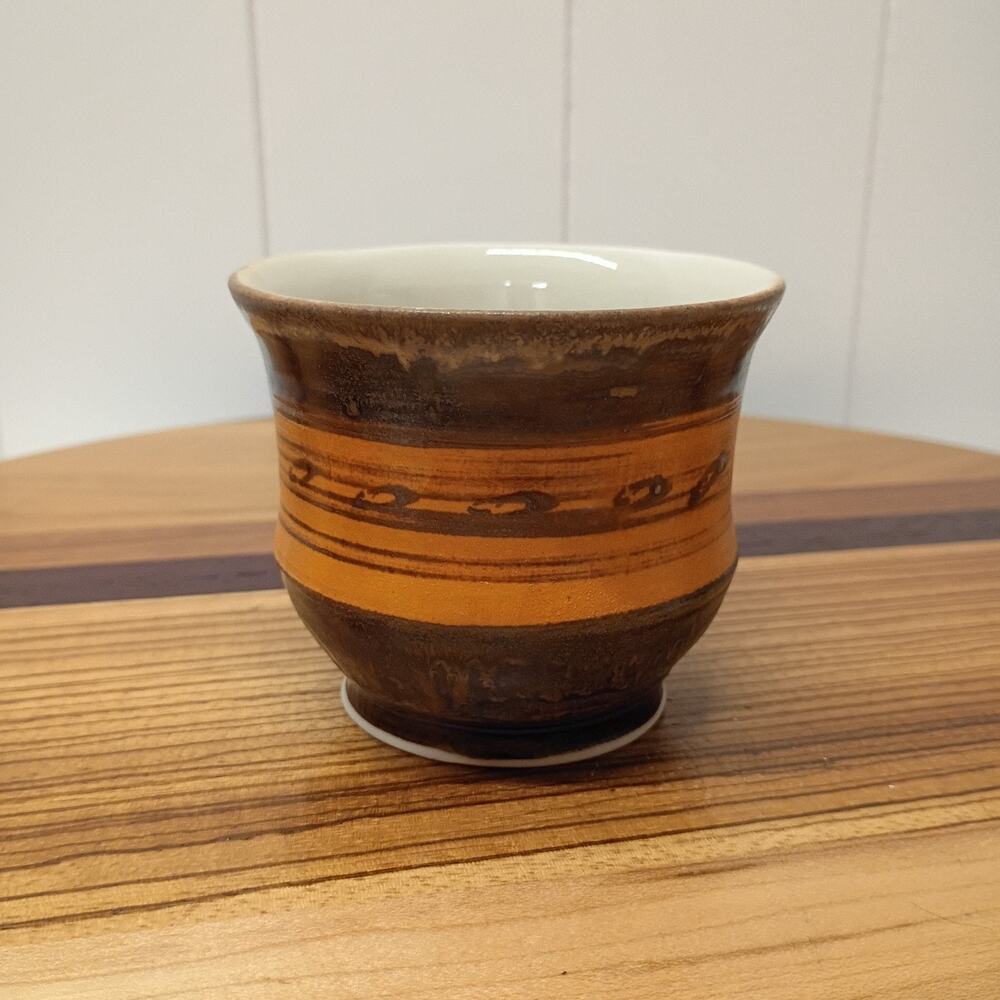 Vintage Studio Art Pottery Mug Cup Brown Orange Banded Glaze Mid Century Style